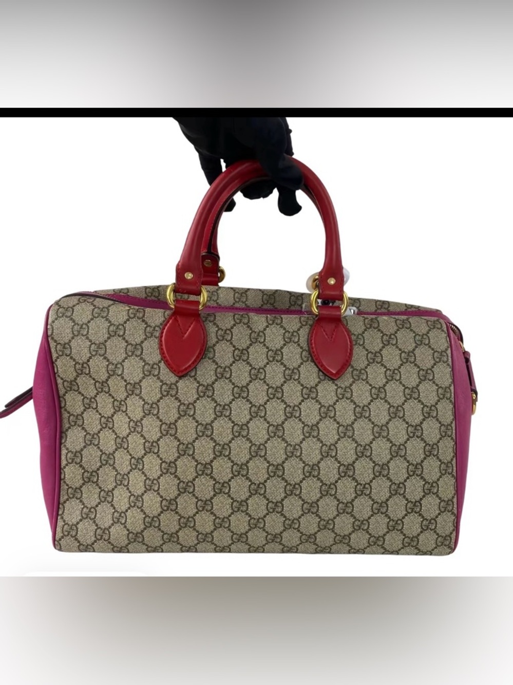 Gucci Beige Monogram Canvas Tote with Red Leather Handles
